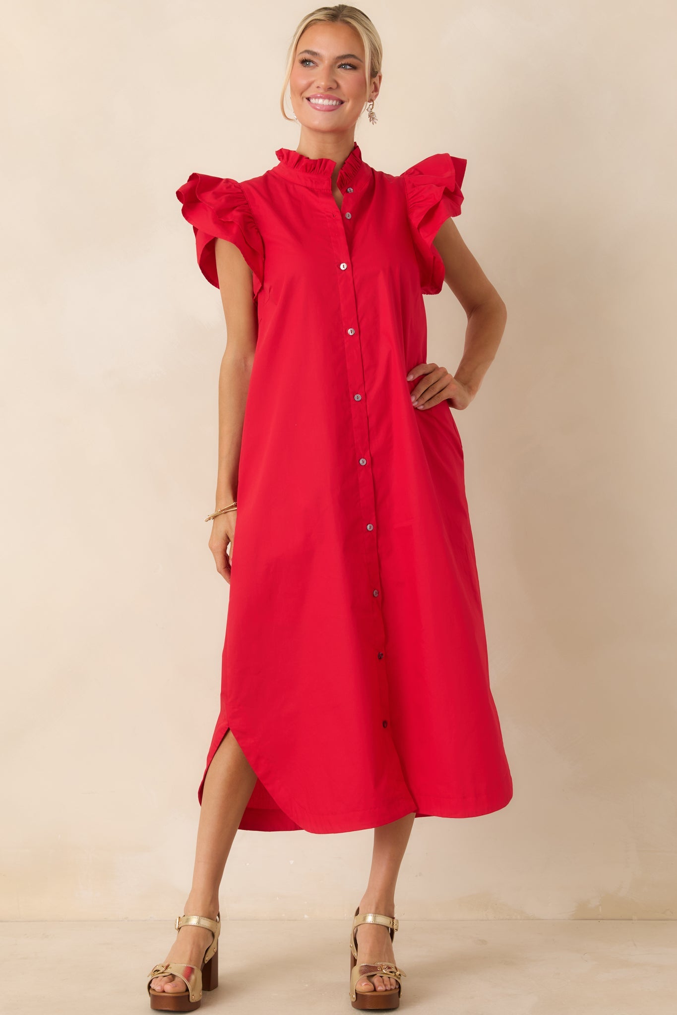 Exactly As Planned Red Cotton Ruffle Button Front Midi Dress