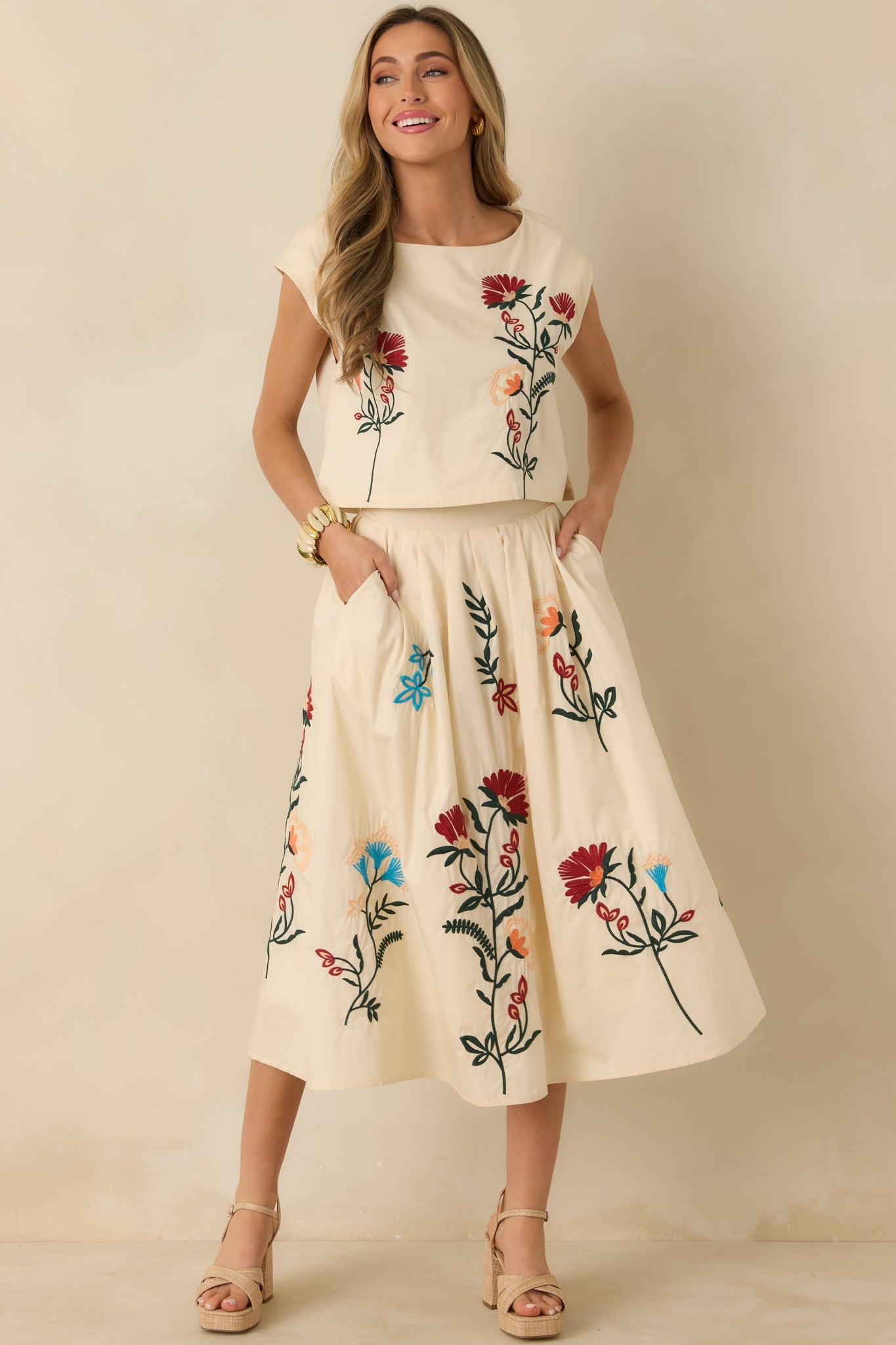Found Treasures Natural Multi Floral Embroidered Midi Skirt