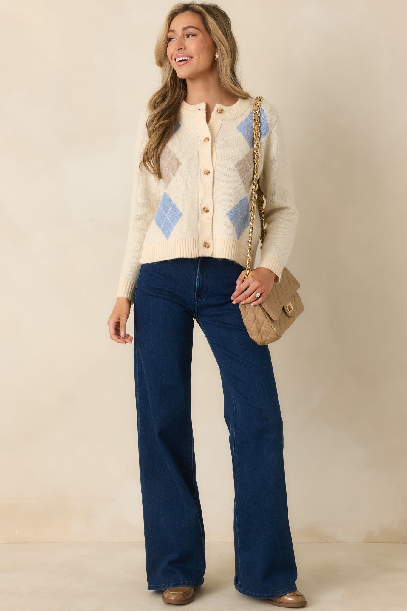 Goes Without Saying Natural Multi Knit Argyle Button Up Cardigan Sweater