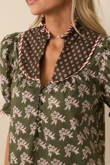 In No Time Olive Green Multi Floral Print Cotton Puff Sleeve Top