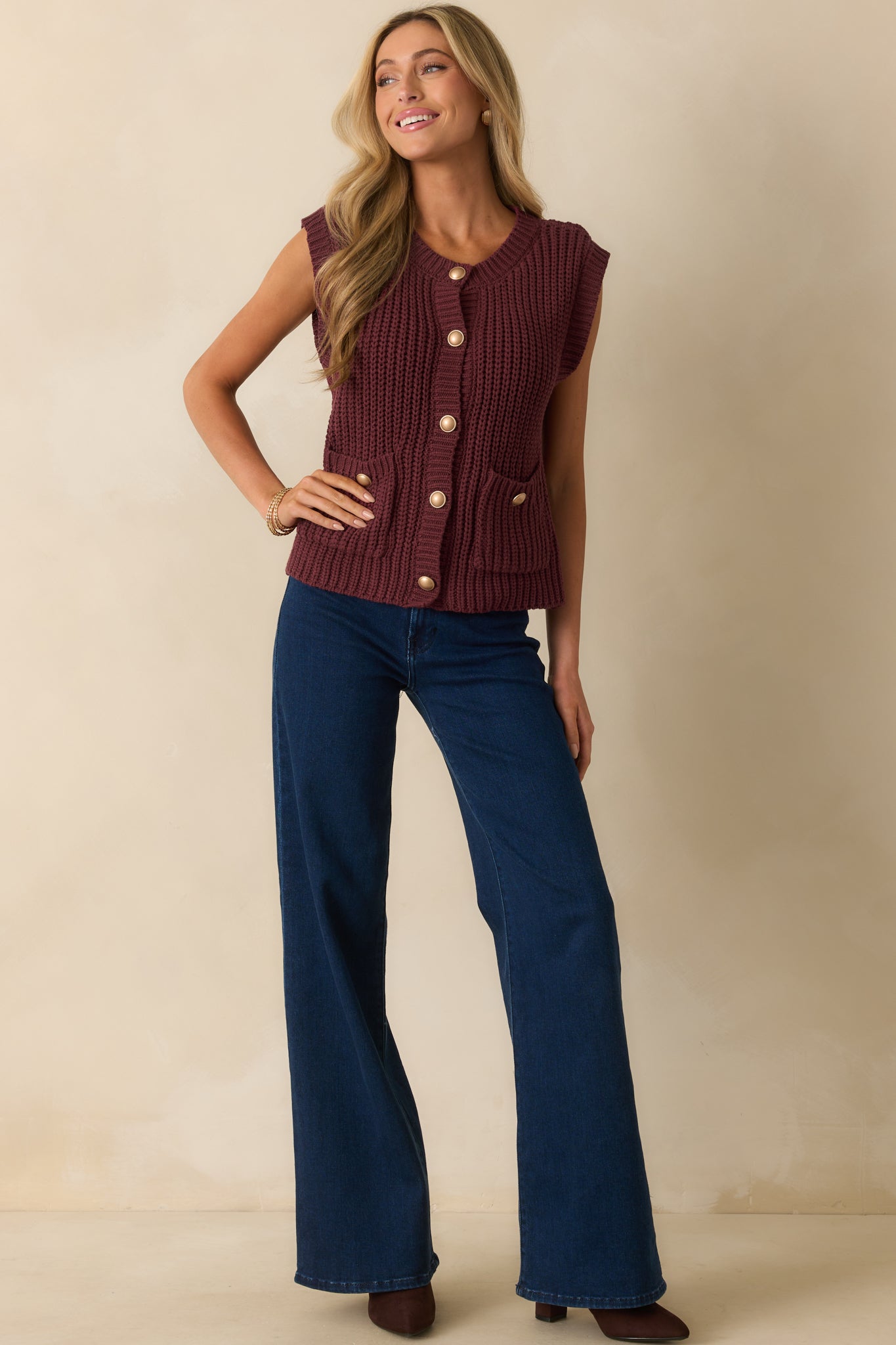 What You Came For Wine Red Ribbed Knit Button Up Sweater Vest
