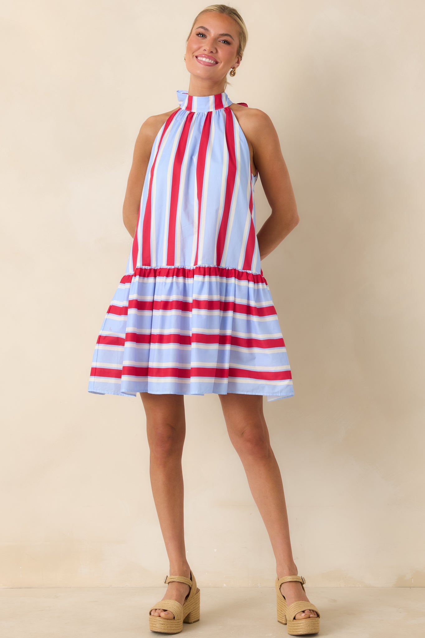 Made for Fireworks Red & Light Blue Stripe Cotton Halter Tiered Mini Dress