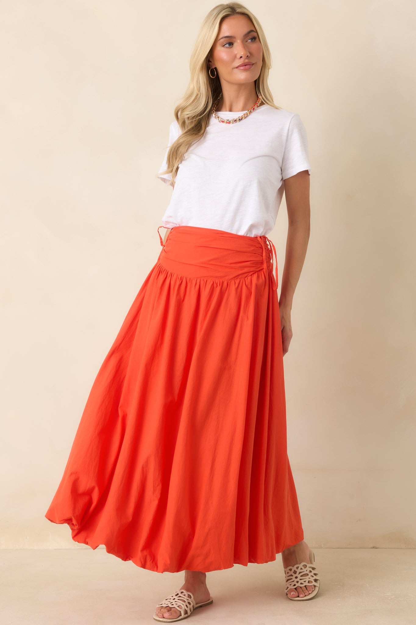 FRNCH Costabile Coral Orange Cotton Gathered Maxi Skirt