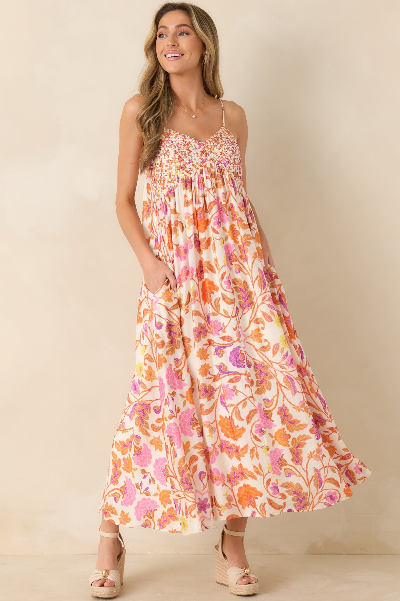 Here for the Sun Pink & Orange Floral Woven Maxi Dress