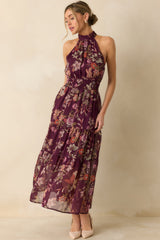 Flirt With Flora Berry Purple Multi Floral Print Halter Maxi Dress