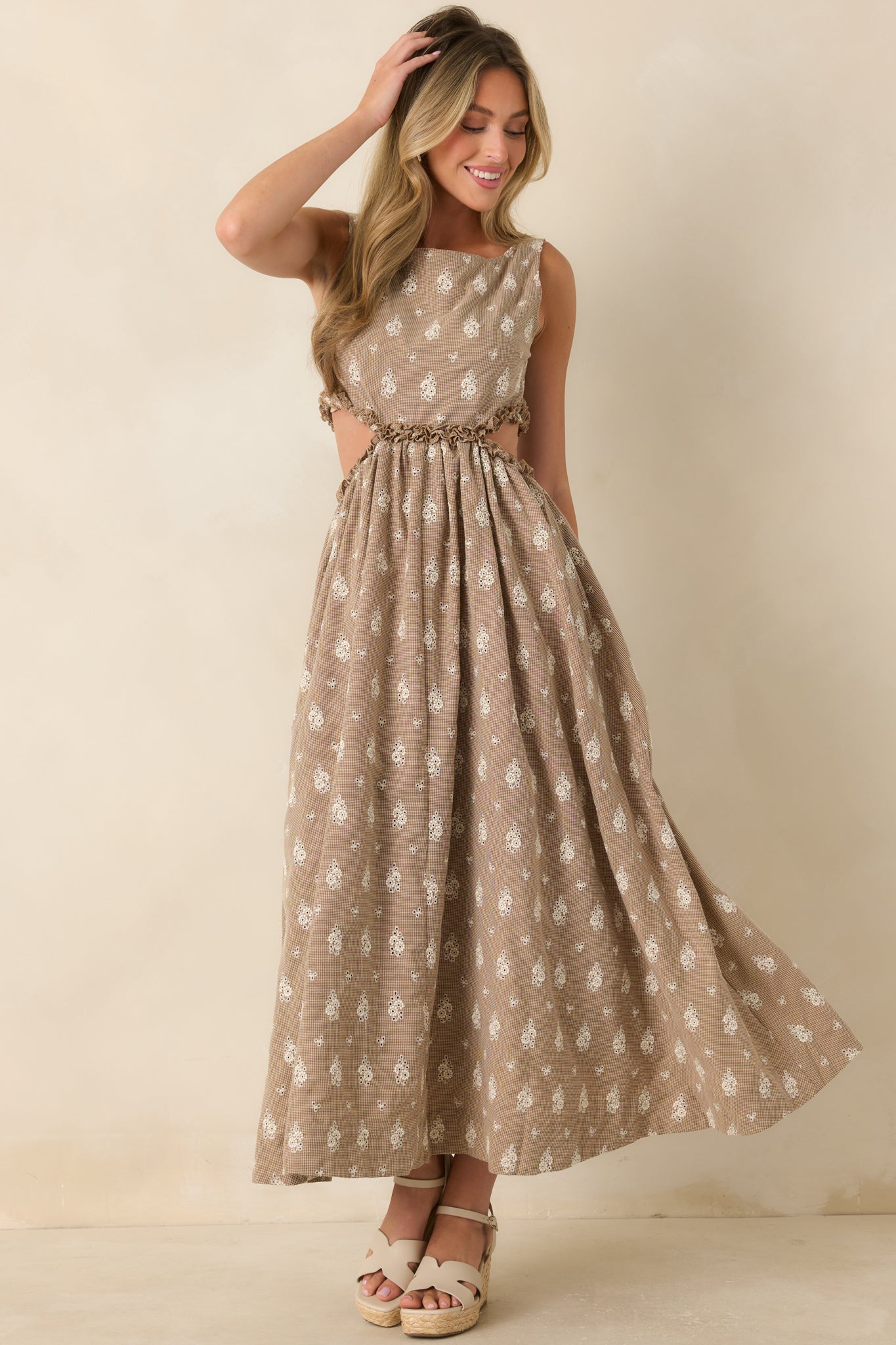 FRNCH Stellaria Brown Cotton Floral Eyelet Cut-Out Maxi Dress