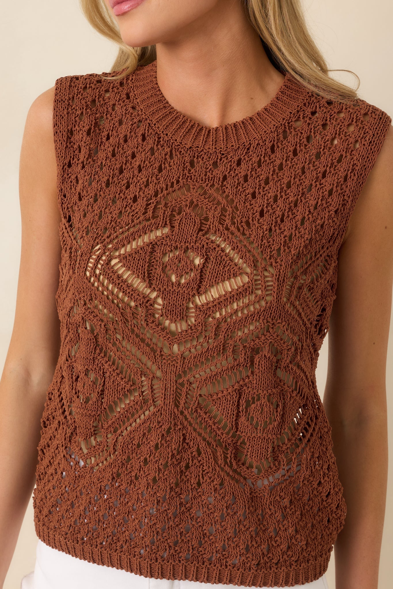 FRNCH Nila Brown Cotton Blend Openwork Knit Tank