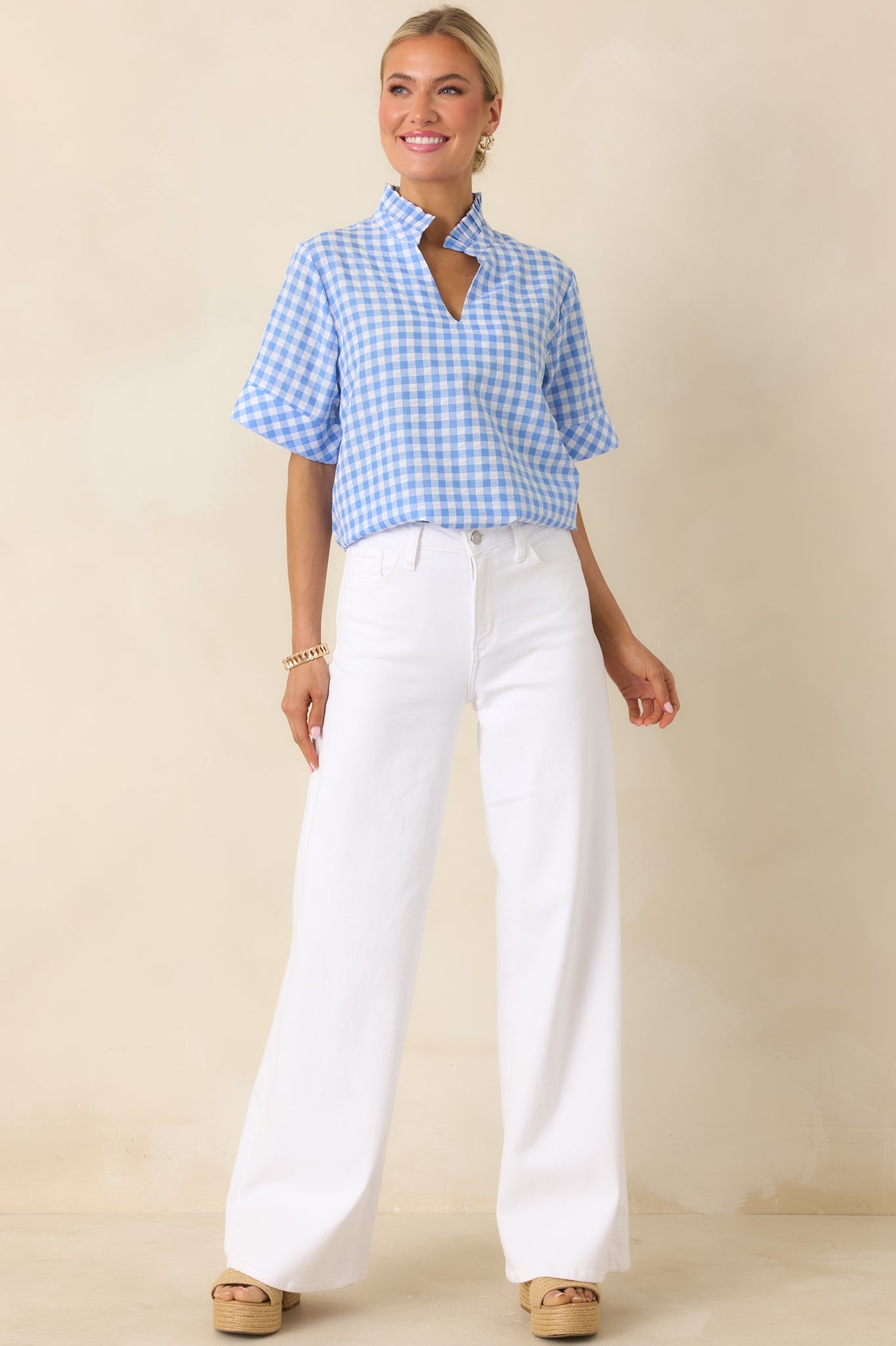 Plans in the Sunshine Blue Gingham Cotton V-Neck Top