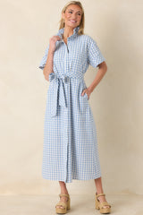 Check Me Out Blue Gingham Ruffle Collar Belted Maxi Dress
