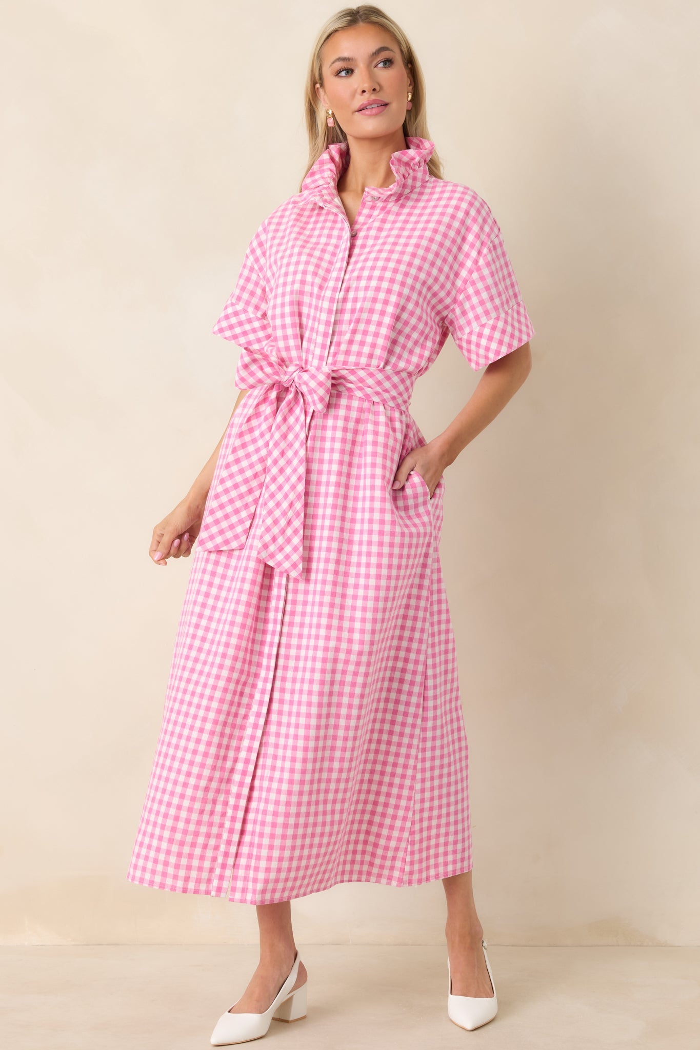 Check Me Out Pink Gingham Ruffle Collar Belted Maxi Dress