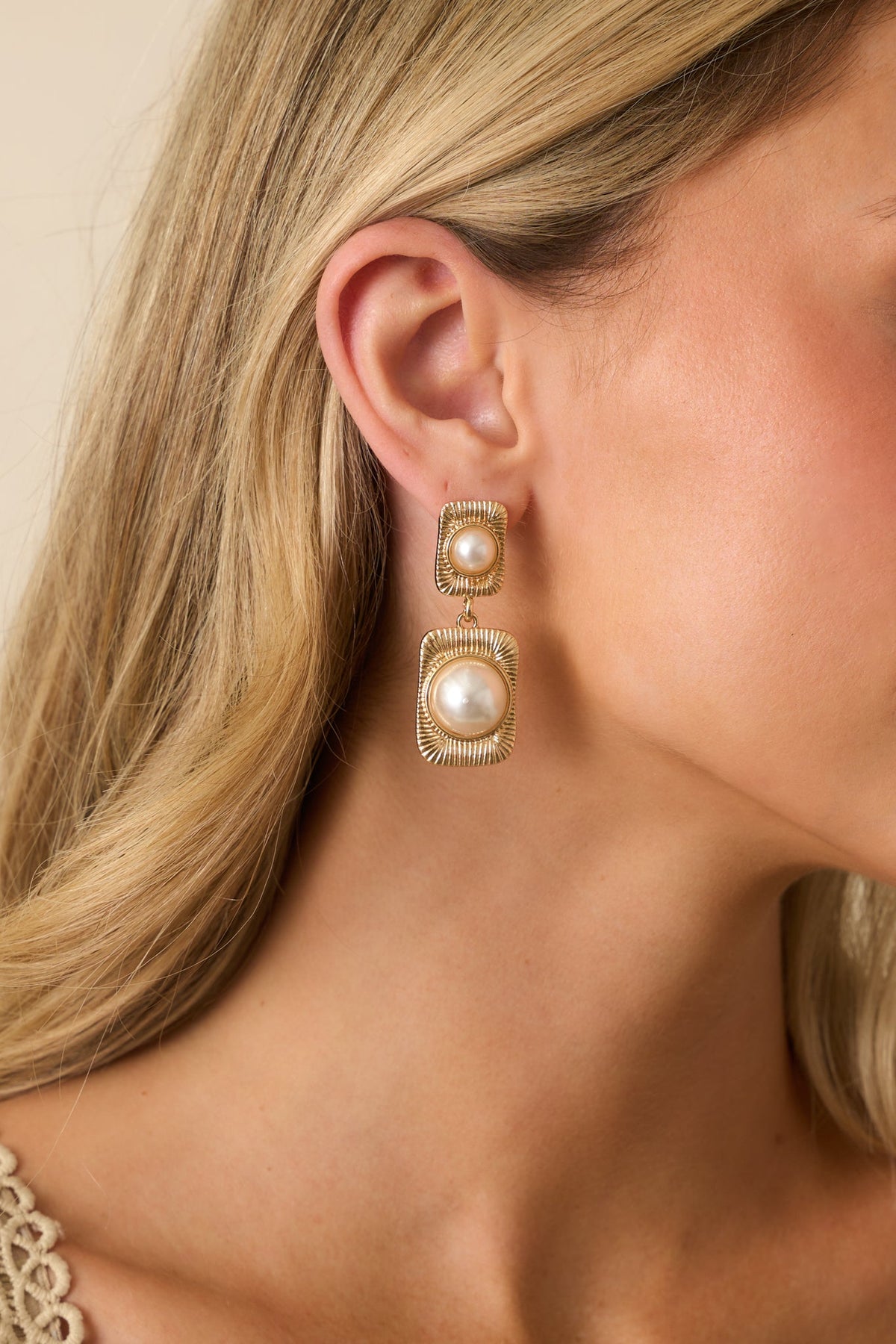 Say What You Will Gold Faux Pearl Rectangle Drop Earrings