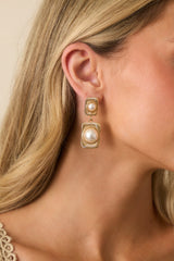 Say What You Will Gold Faux Pearl Rectangle Drop Earrings