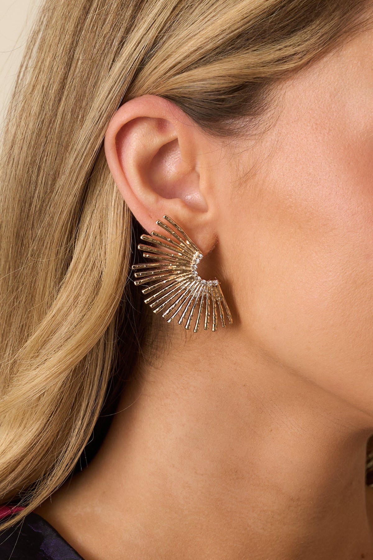 Don't You Worry Gold Textured Sunburst Fan Earrings