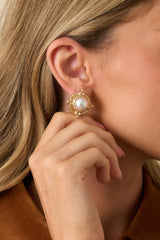 Nothing To Lose Gold Textured Ivory Pearl Round Stud Earrings