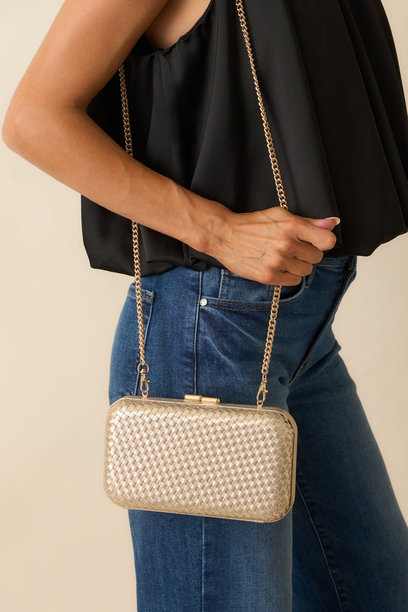 Truth Be Told Gold Metallic Woven Structured Clutch Handbag
