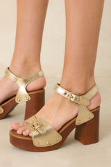 Built to Shine Gold Metallic Buckle Strap Platform Block Heels
