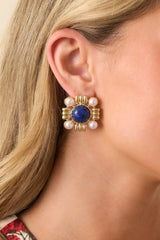 Beyond The Waters Gold Square Navy Stone Earrings