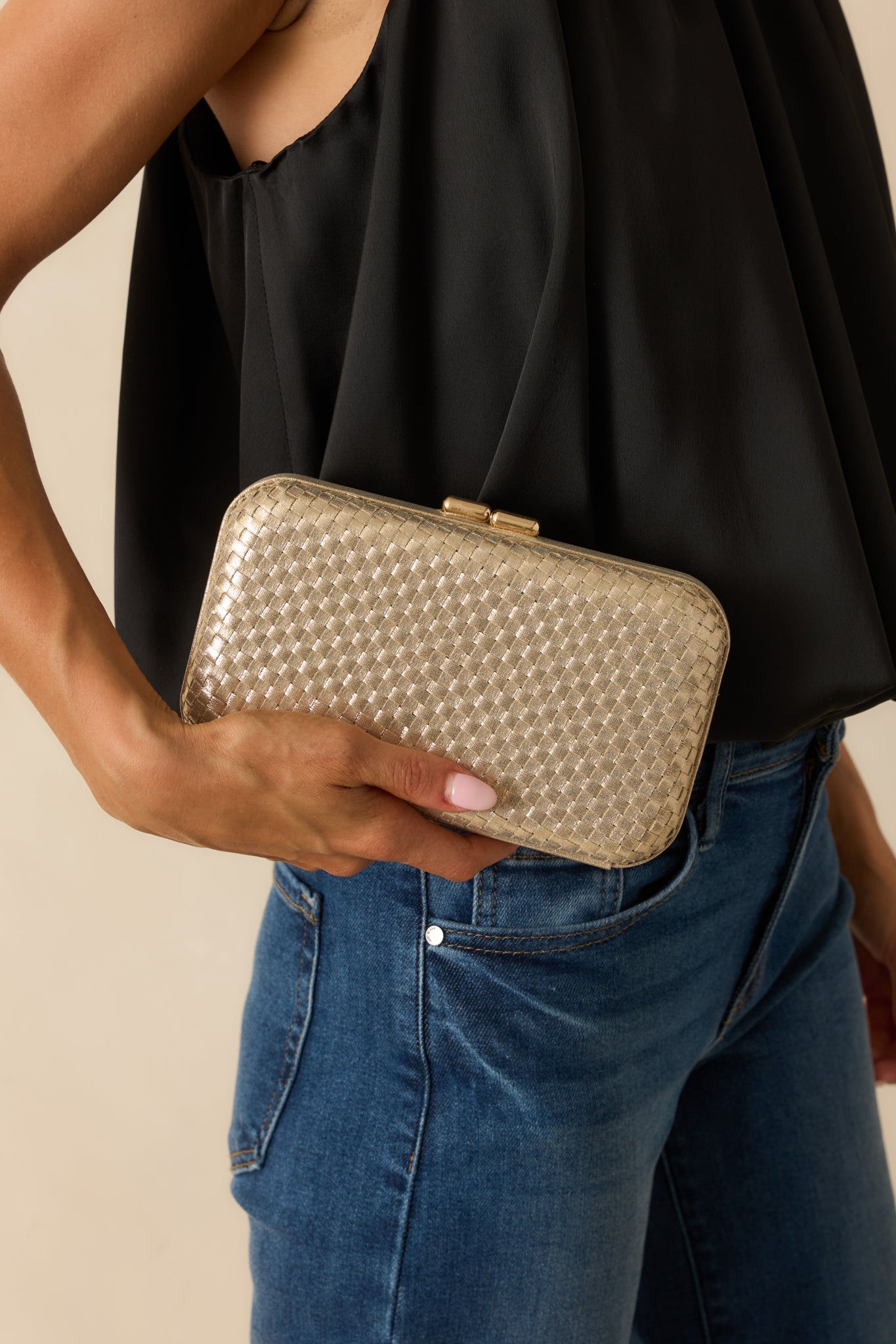 Truth Be Told Gold Metallic Woven Structured Clutch Handbag