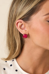 Too Cute To Cancel Gold & Cranberry Red Square Stud Earrings