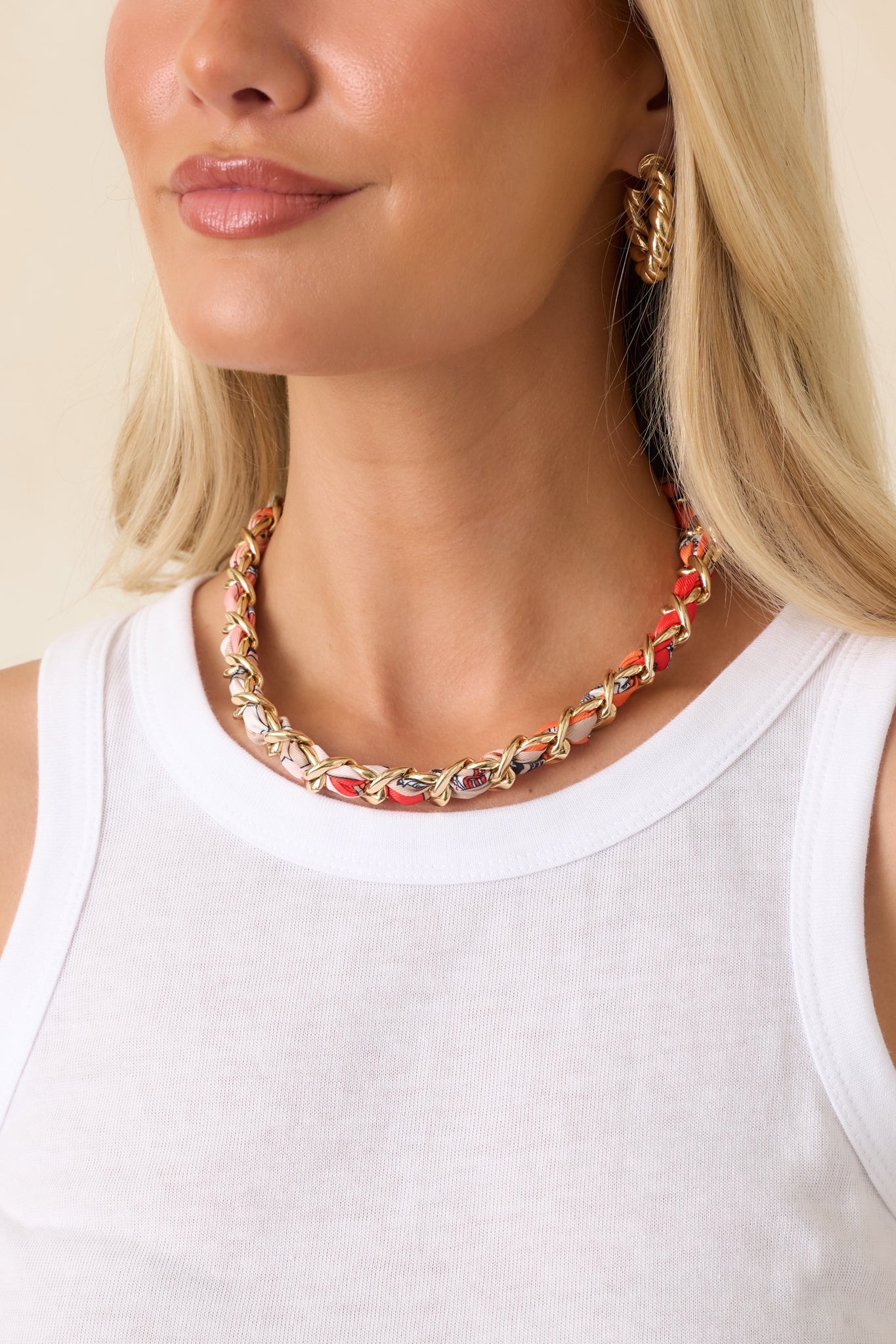 Heiress Luxe Orange Multi Scarf-Woven Gold Chain Necklace