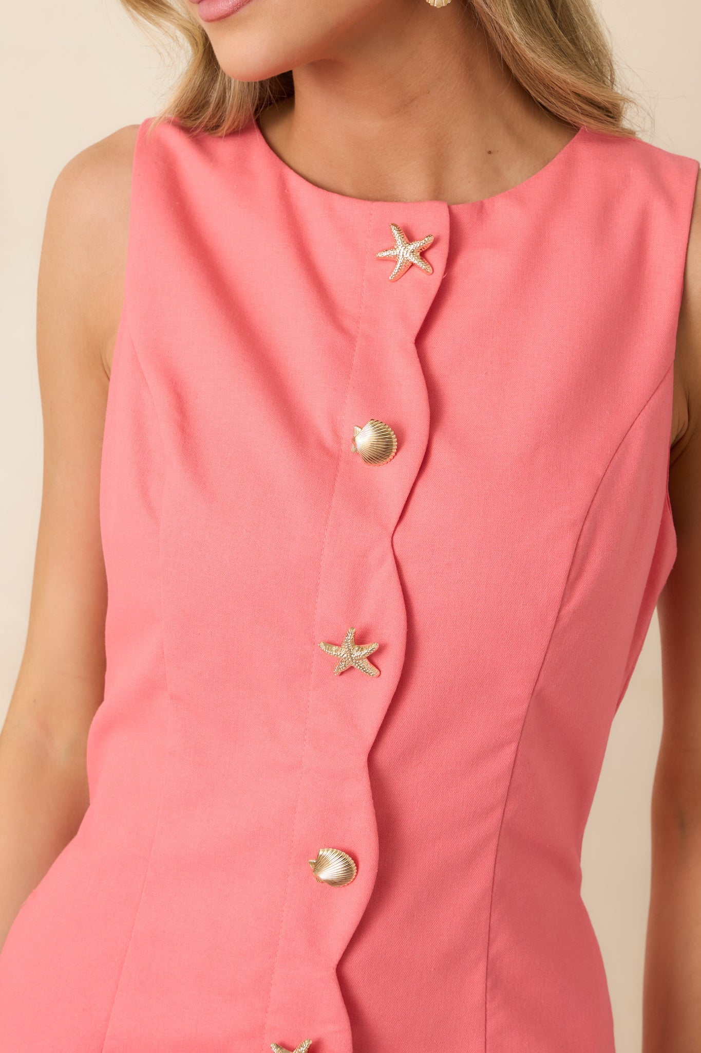 Coastal Crush Coral Pink Scallop Trim Sleeveless Mini Dress