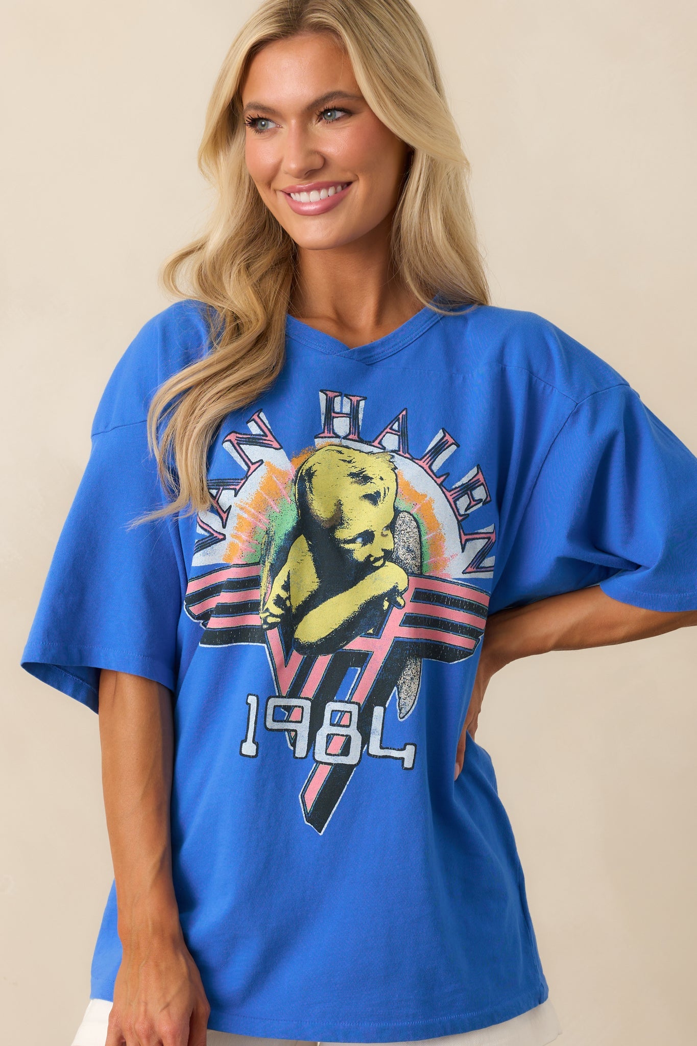 Van Halen Cobalt Blue Cotton 1984 Oversized Jersey Graphic Tee