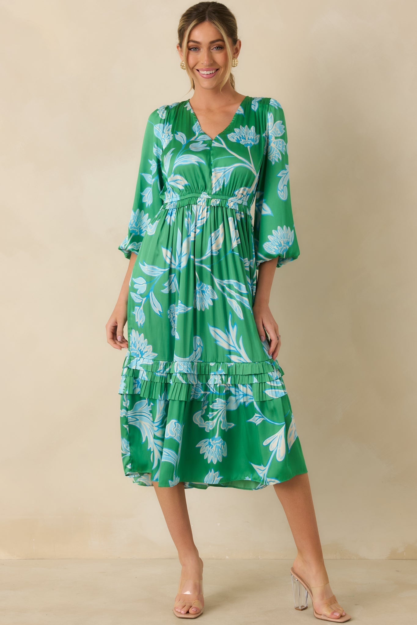 In Perfect Harmony Green & Blue Floral Print V-Neck Midi Dress