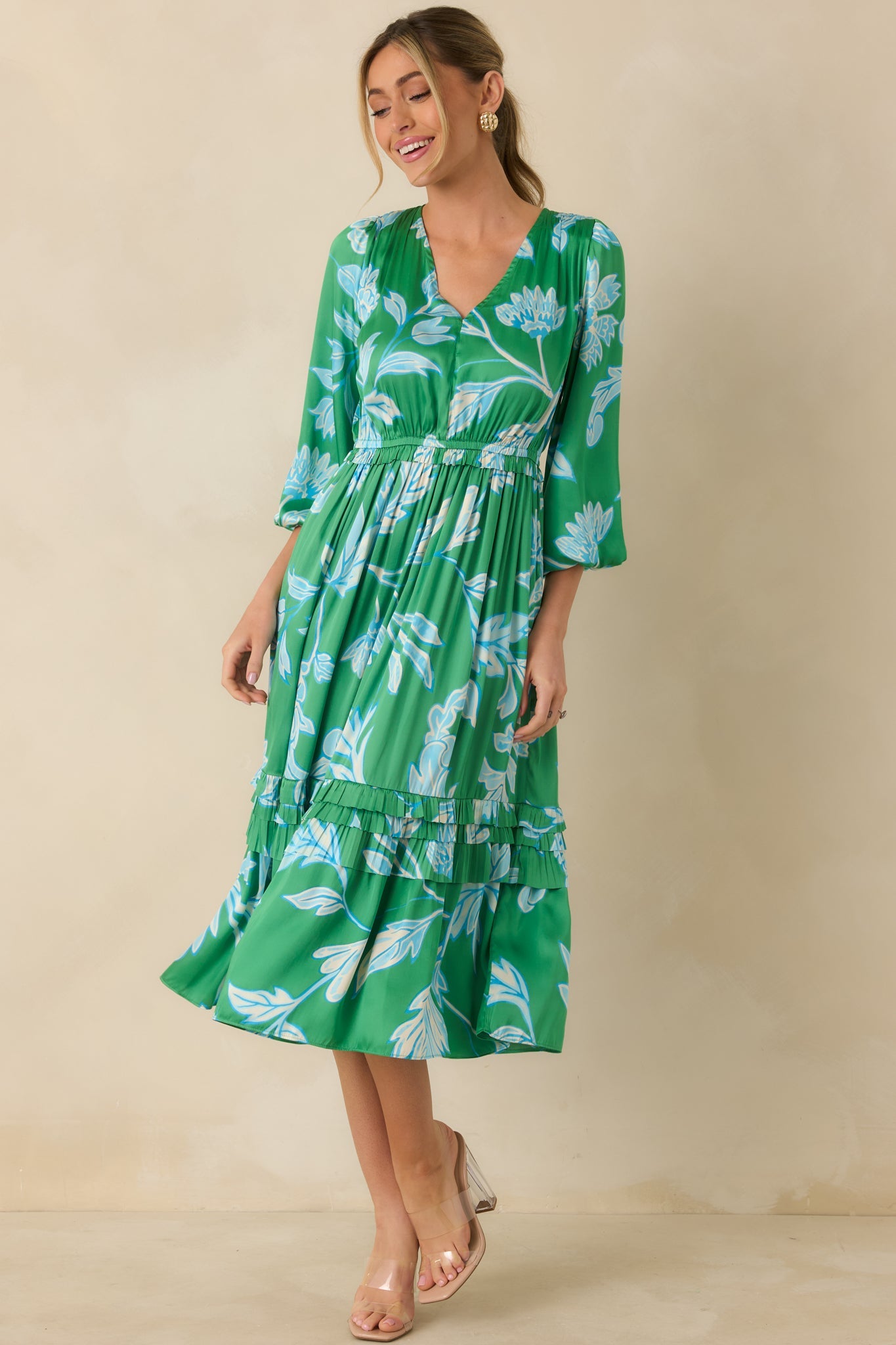 In Perfect Harmony Green & Blue Floral Print V-Neck Midi Dress