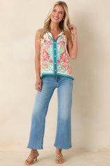 Garden Grove Green & Coral Pink Multi Floral Tank Top
