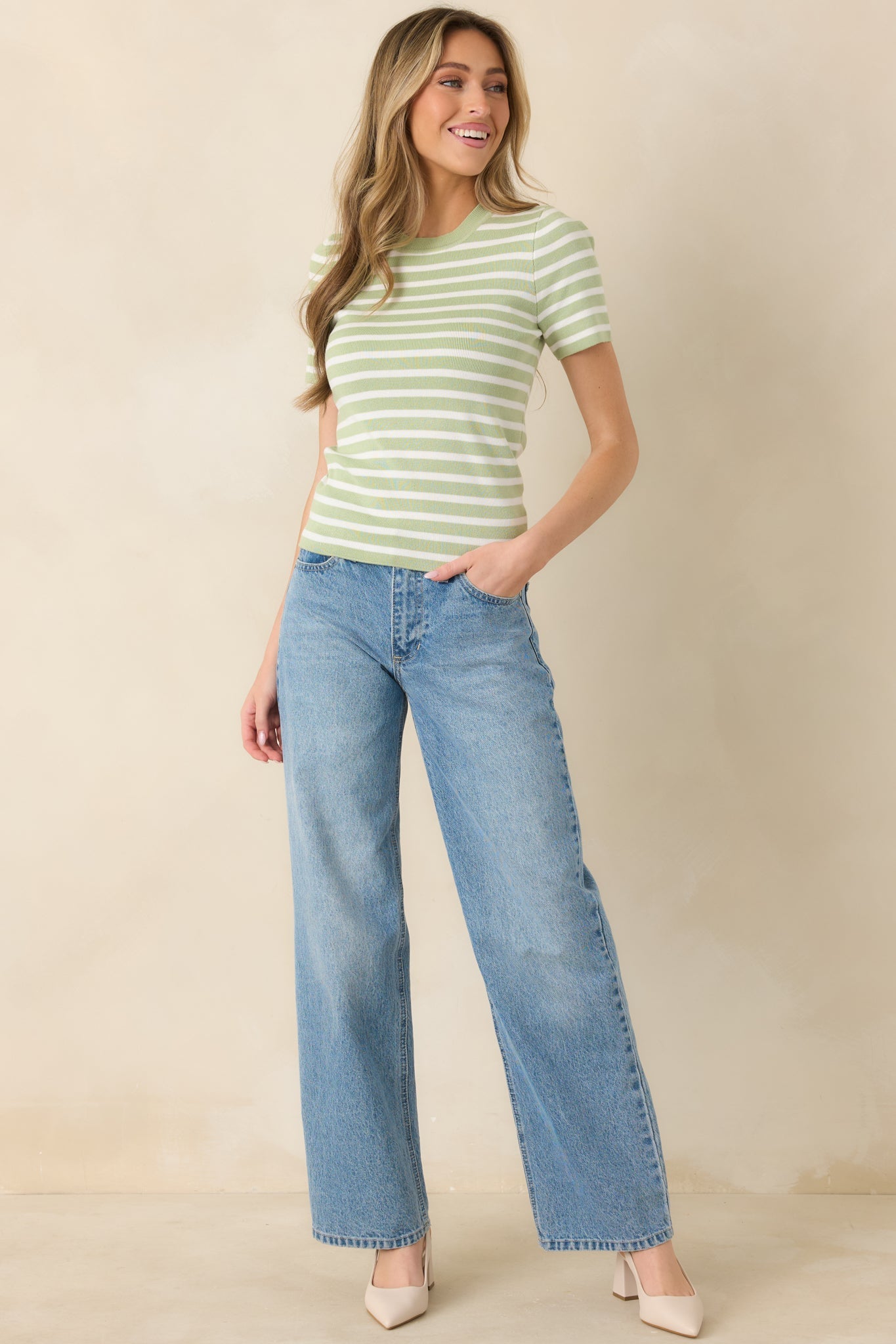 Let's Catch Up Light Green Stripe Short Sleeve Top