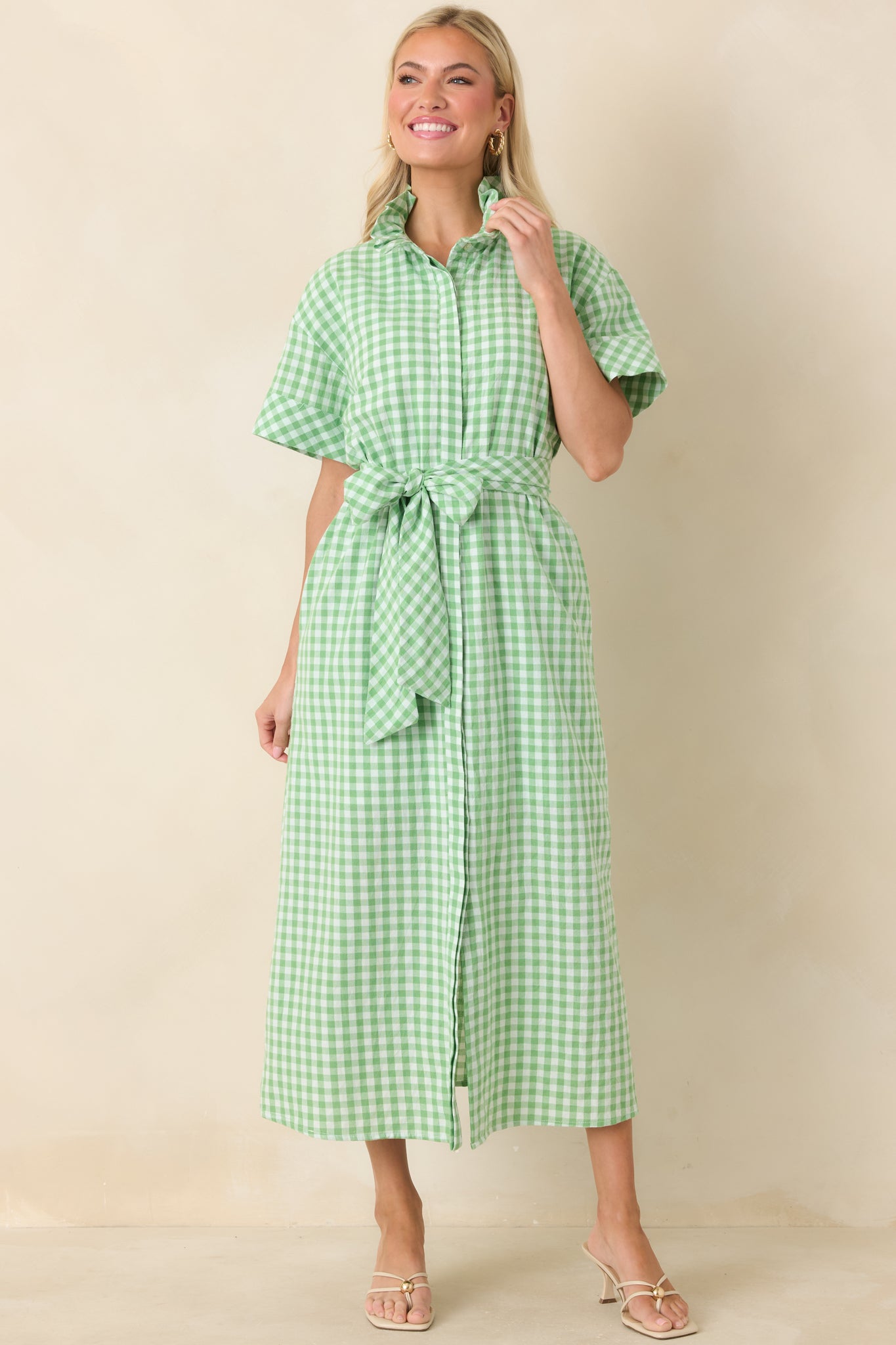 Check Me Out Green Gingham Ruffle Collar Belted Maxi Dress
