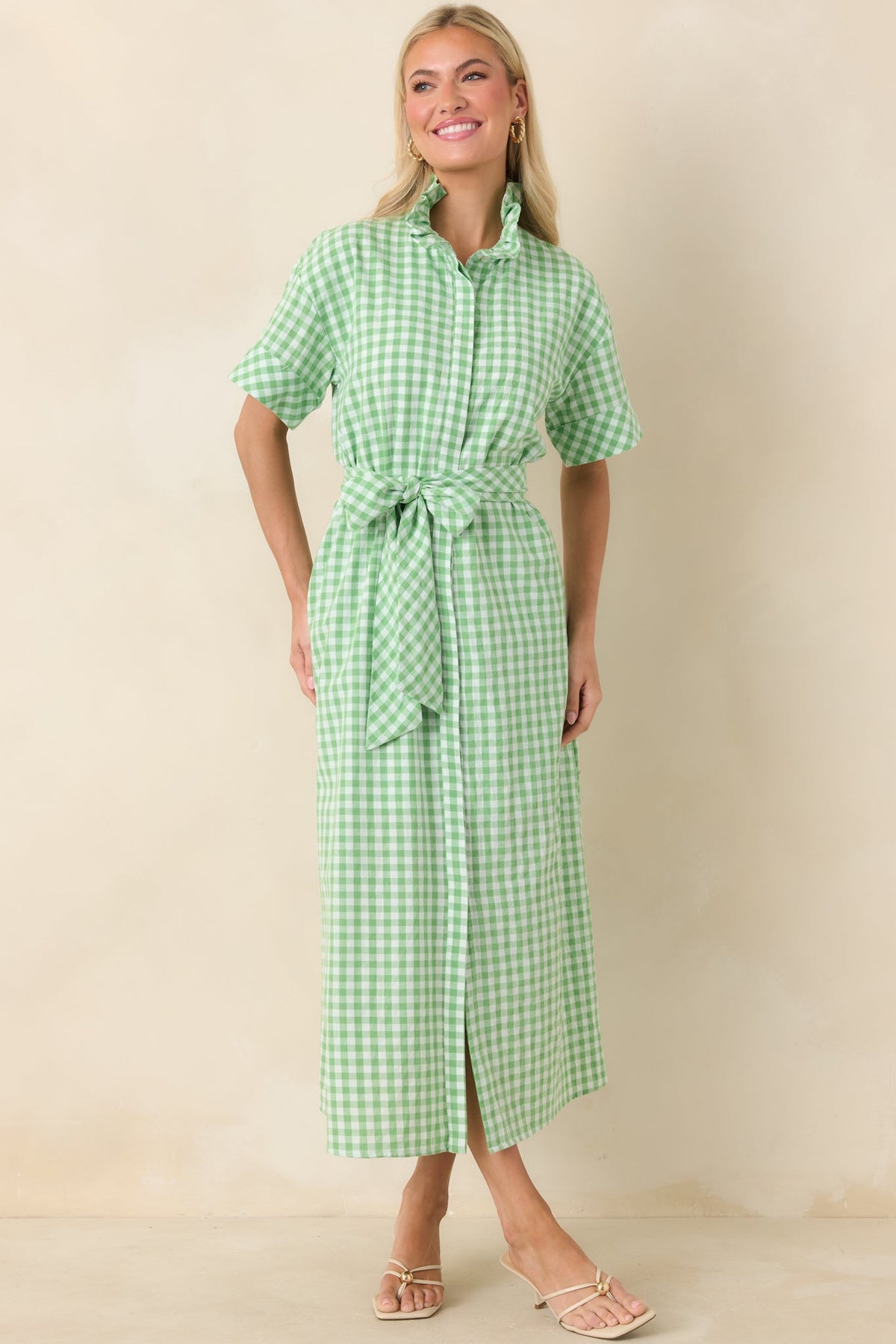 Check Me Out Green Gingham Ruffle Collar Belted Maxi Dress