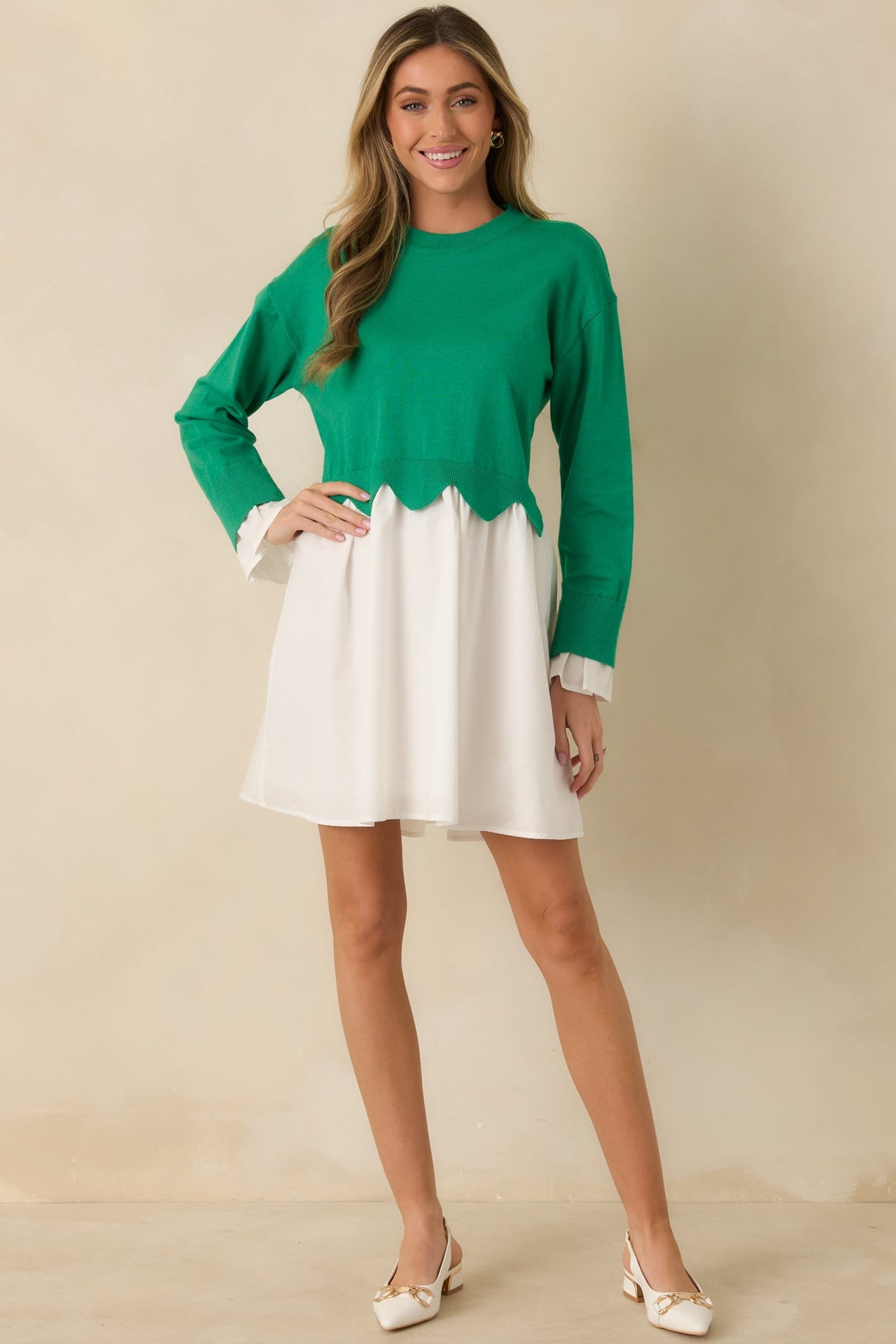 Made to Charm Green Scalloped Sweater Mini Dress