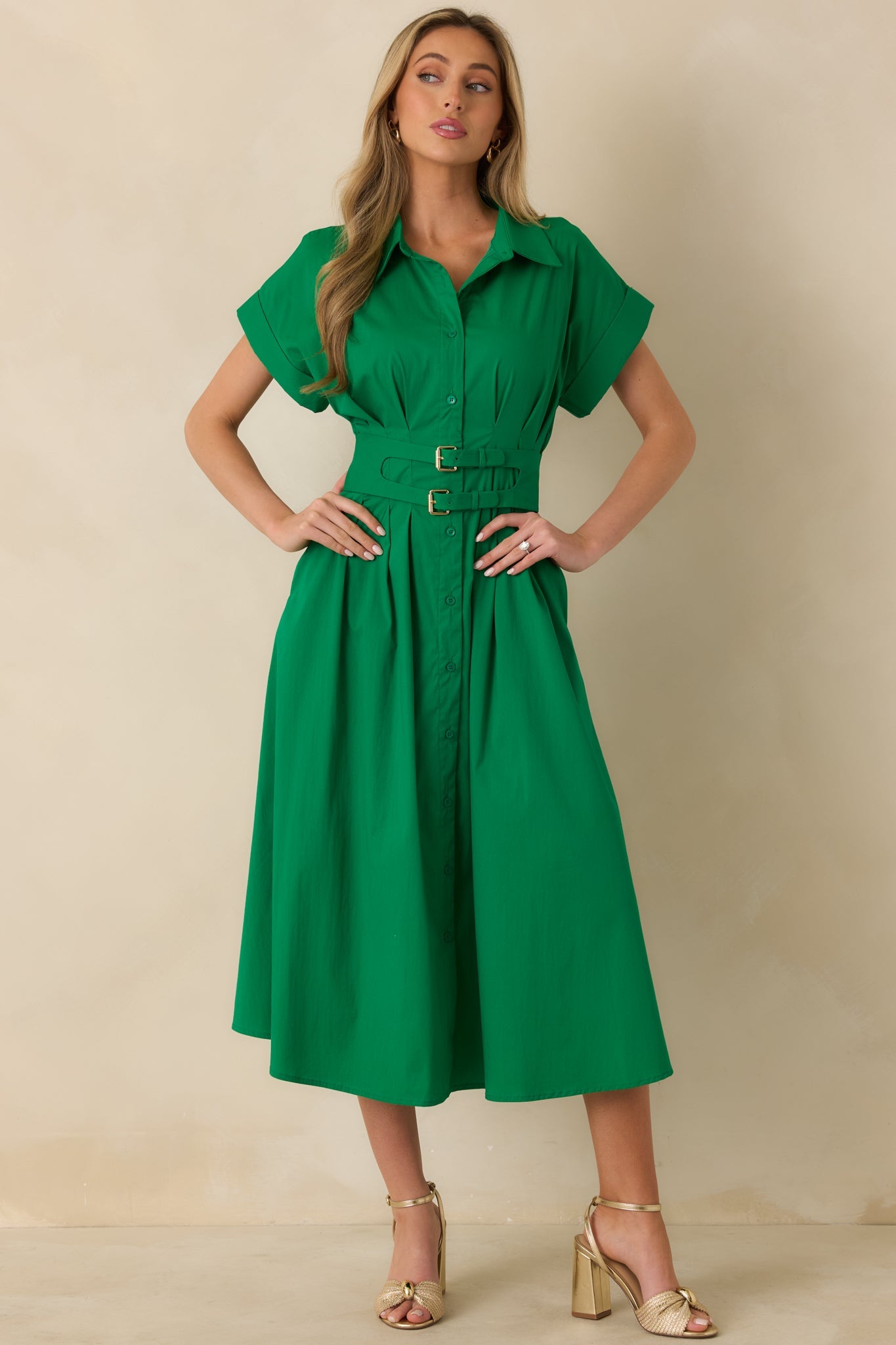 Right Where You're Meant to Be Green Belted Button Front Midi Dress