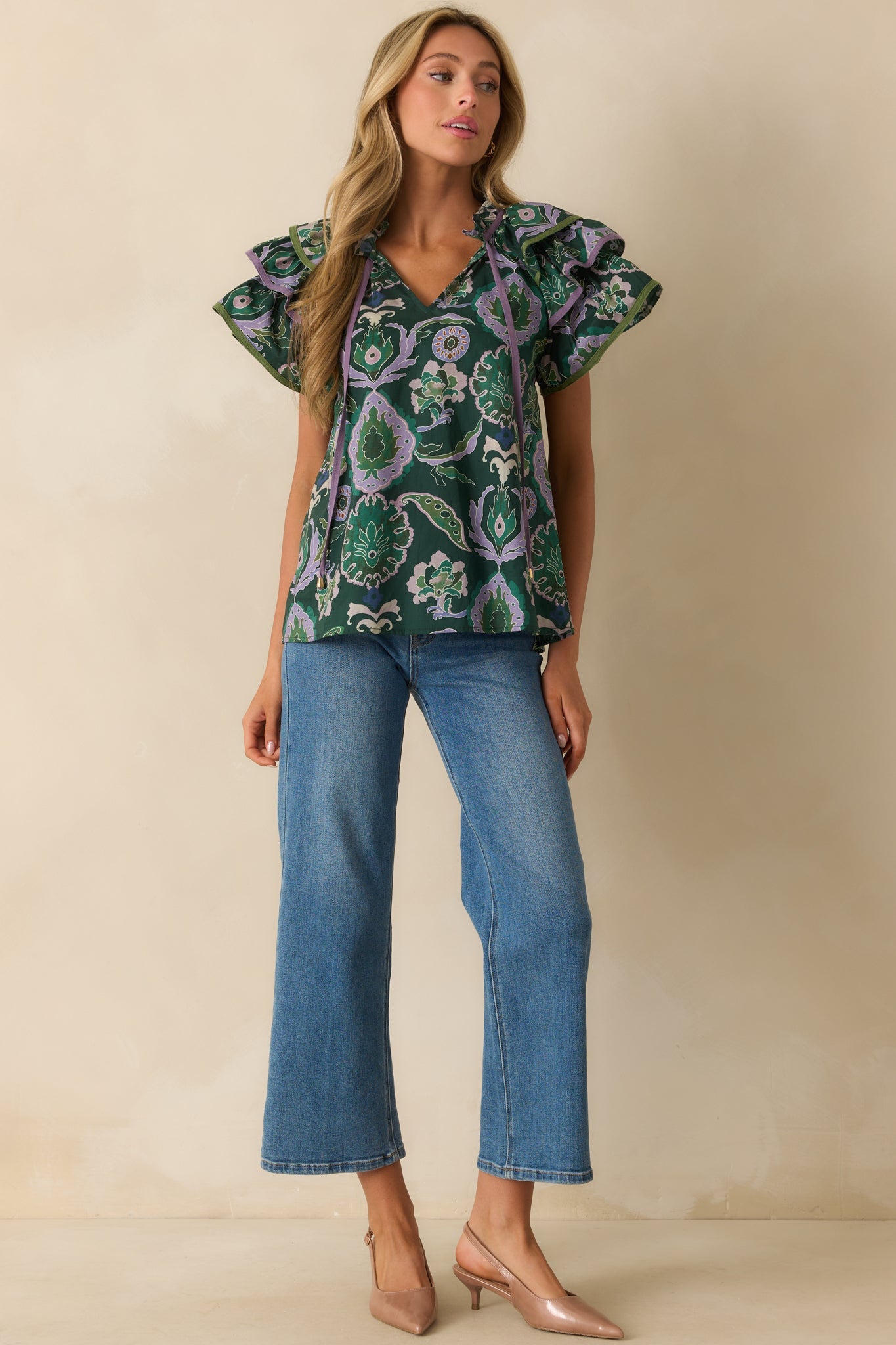 The Rest Is Certain Green Multi Print Cotton Ruffle Sleeve Blouse