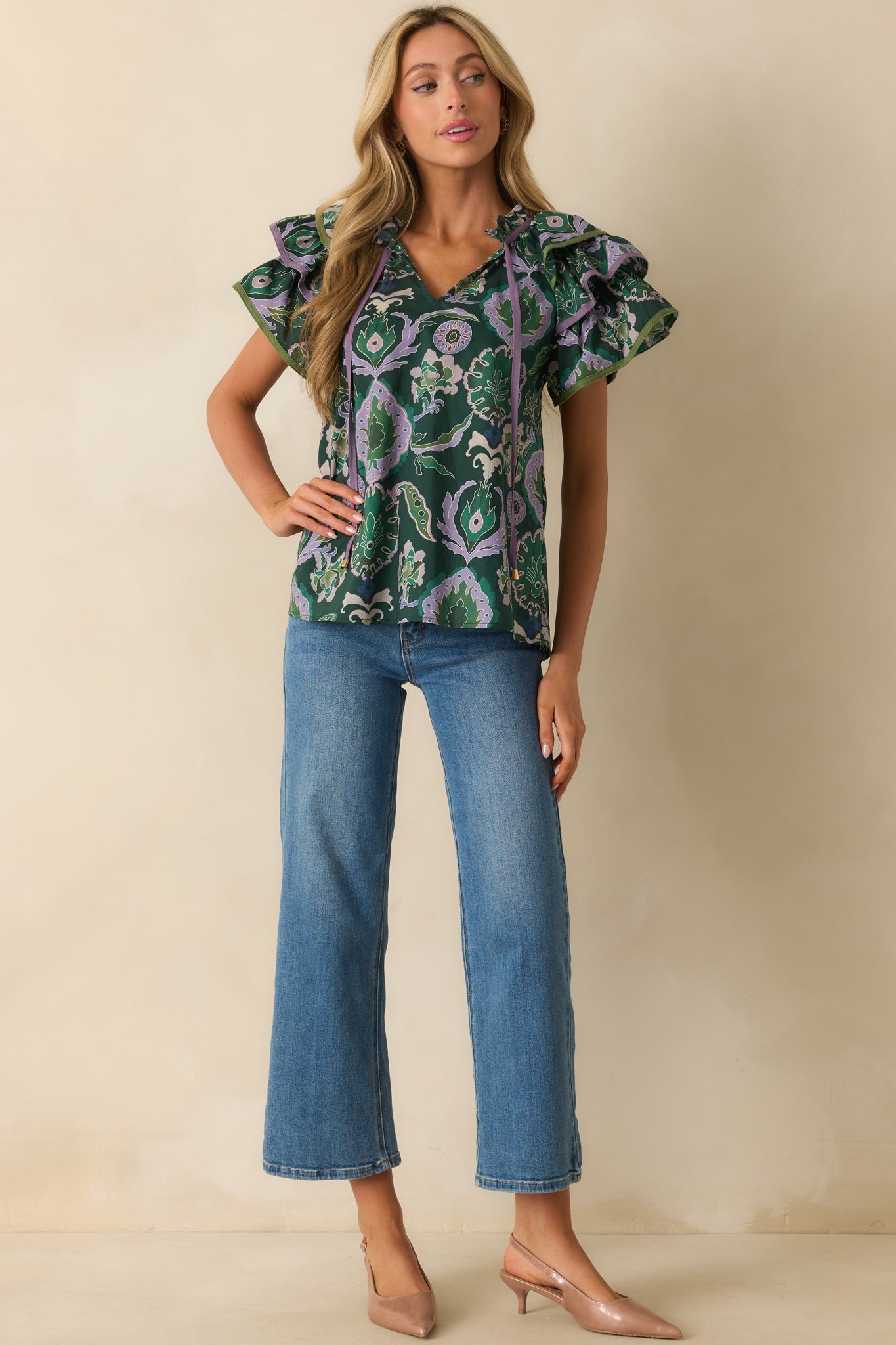 The Rest Is Certain Green Multi Print Cotton Ruffle Sleeve Blouse
