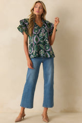 The Rest Is Certain Green Multi Print Cotton Ruffle Sleeve Blouse