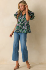 The Rest Is Certain Green Multi Print Cotton Ruffle Sleeve Blouse