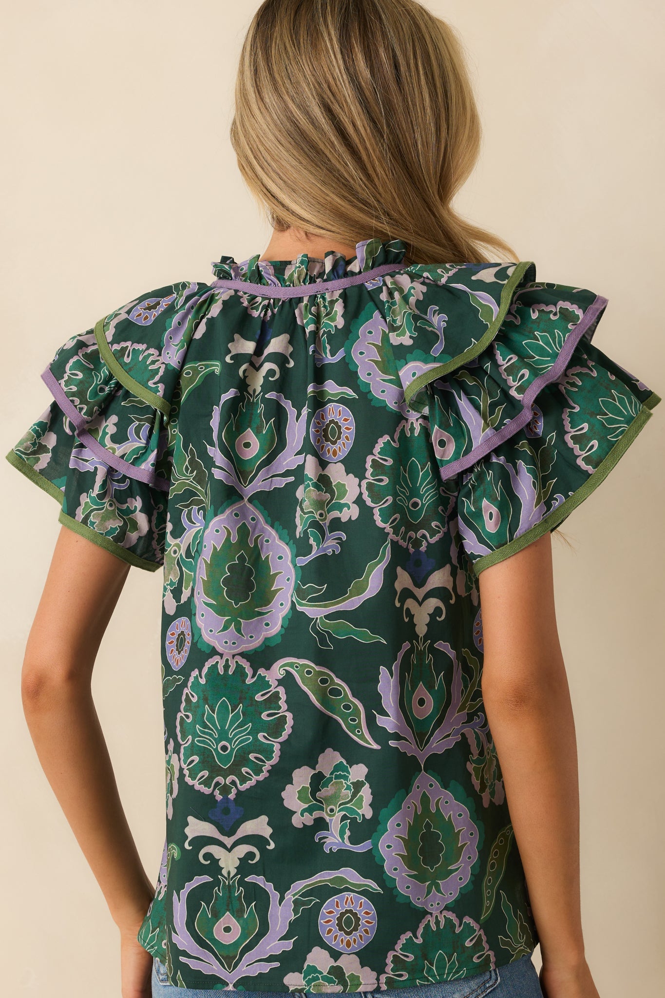 The Rest Is Certain Green Multi Print Cotton Ruffle Sleeve Blouse