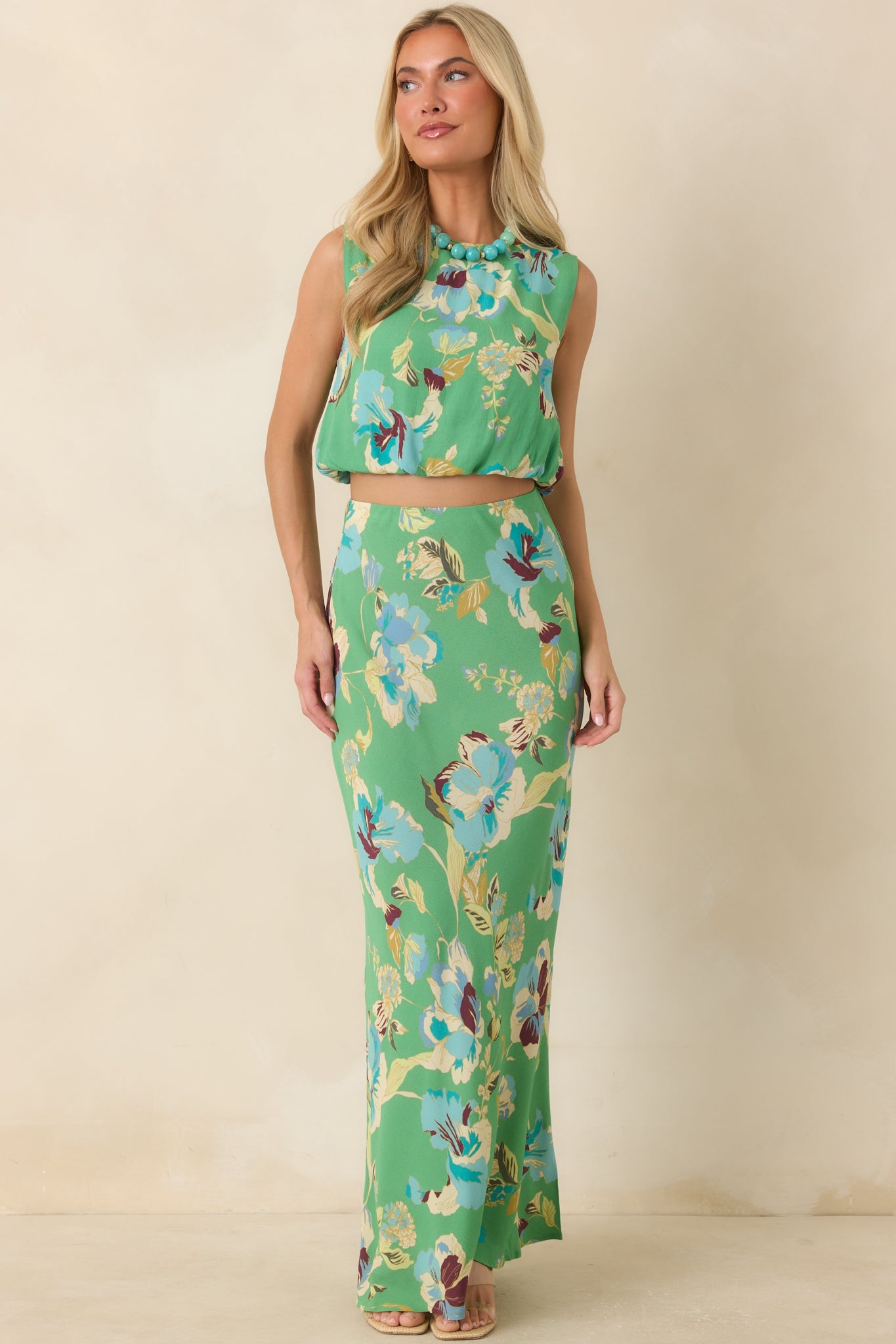 MINKPINK Cyprus Green Floral Bias Maxi Skirt