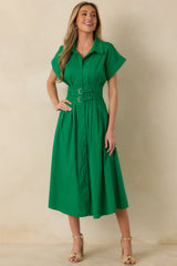 Right Where You're Meant to Be Green Belted Button Front Midi Dress