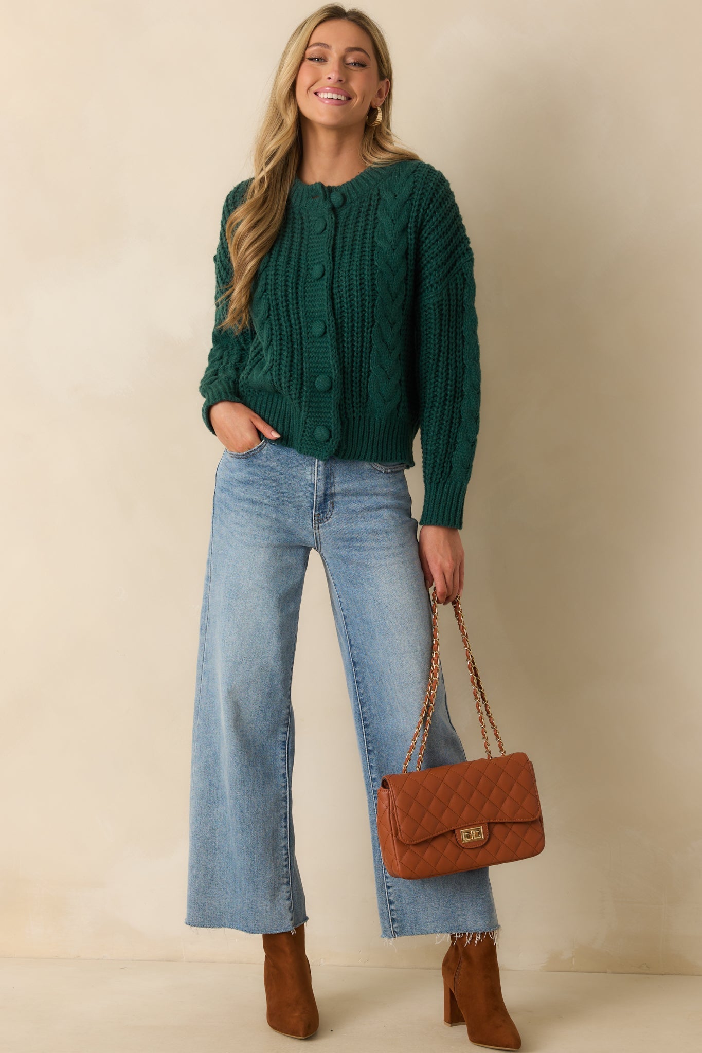 A Look That Lasts Forest Green Cable Knit Button Up Cardigan