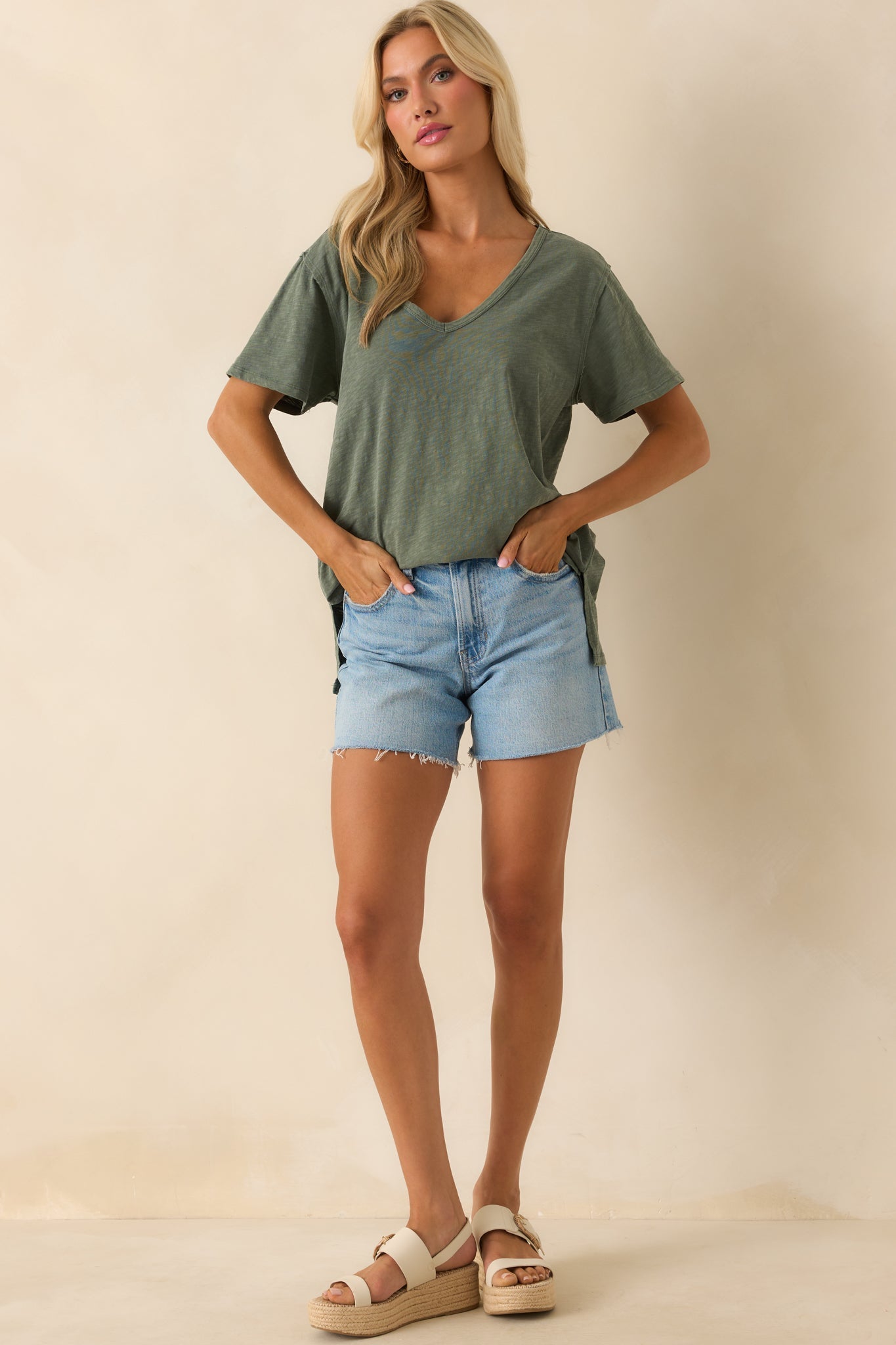 Z Supply Hunter Green Cotton Lively Slub V-Neck Tee