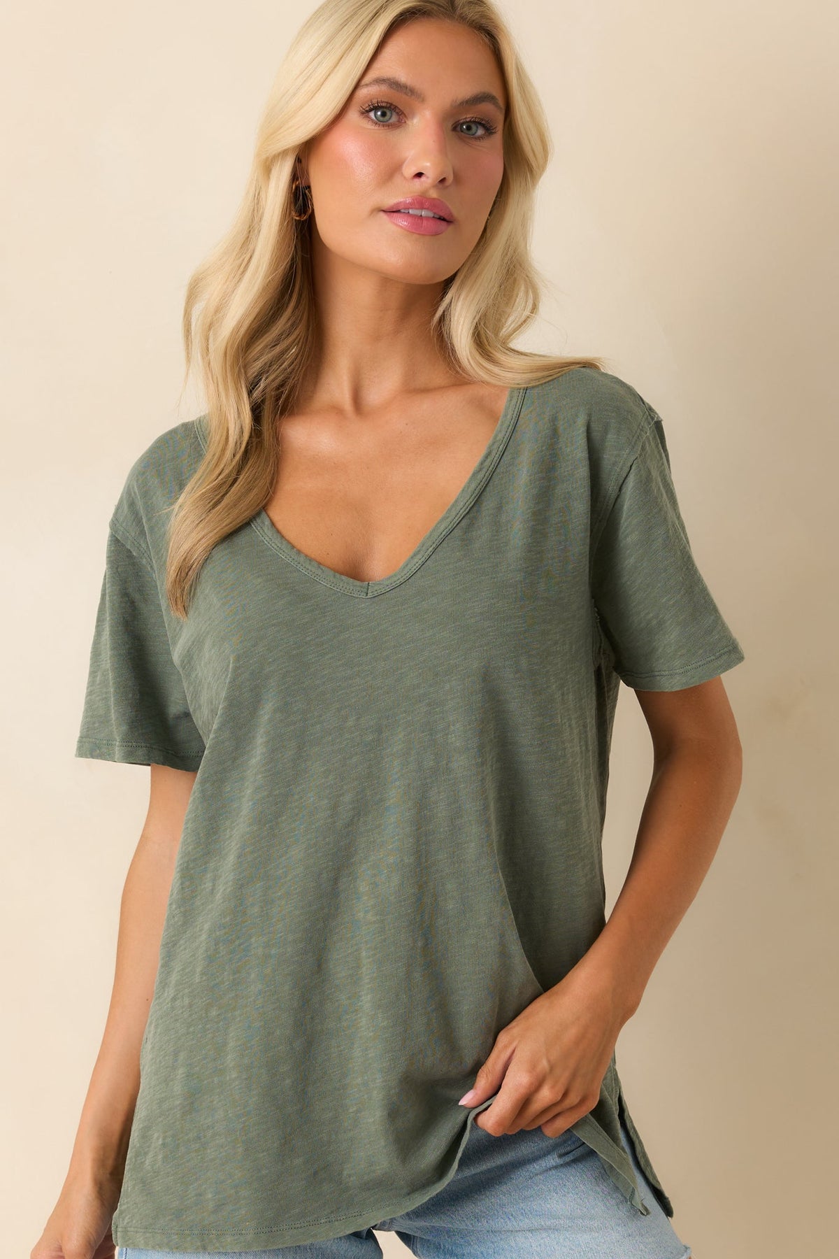 Z Supply Hunter Green Cotton Lively Slub V-Neck Tee