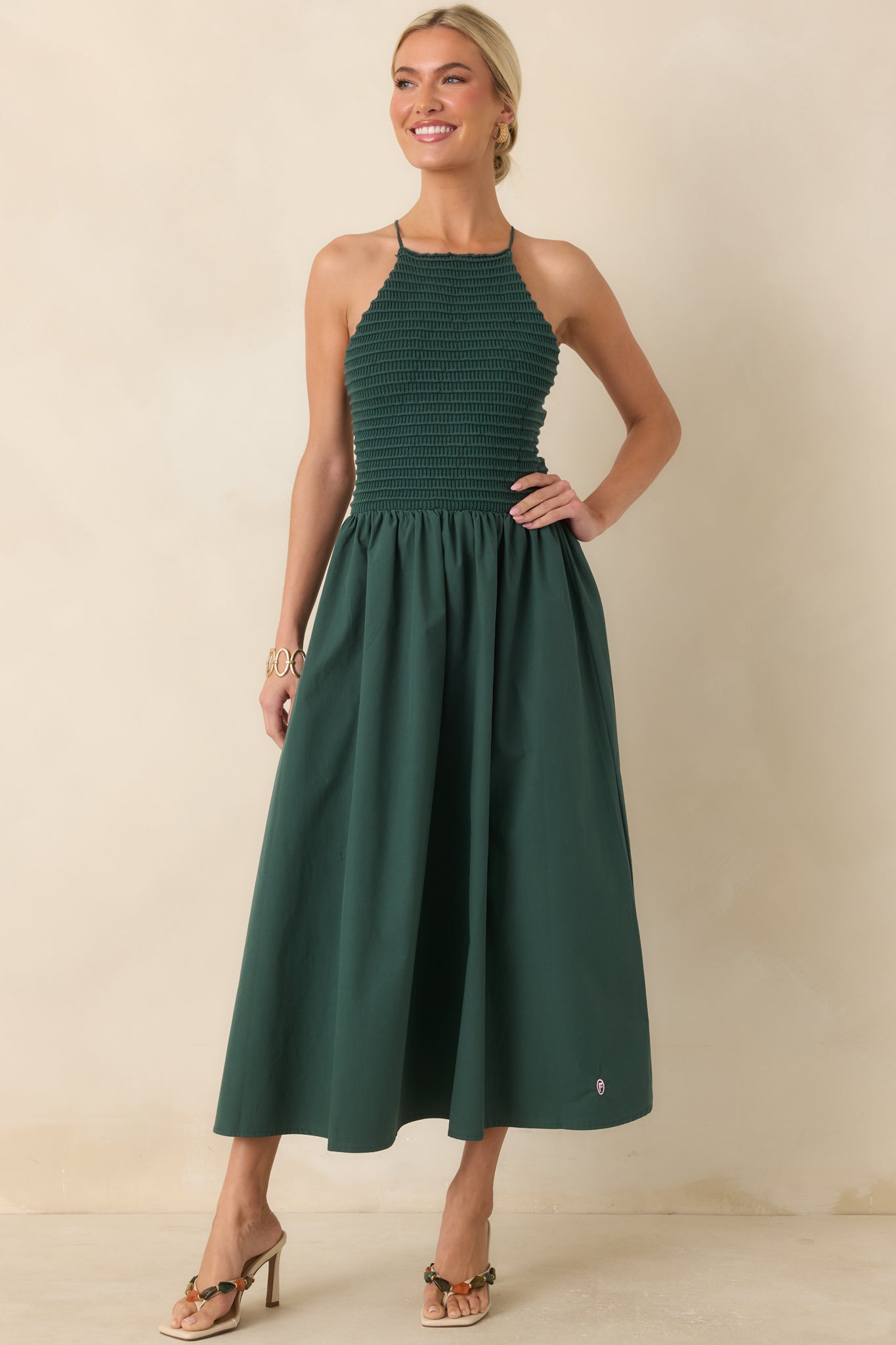 FRNCH Lucia Green Cotton Strappy Knit Bodice Midi Dress