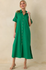 Show Me the Way Kelly Green Cotton Button Front Midi Shirt Dress