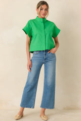 Pretty In Power Green Cotton Linen Button-Front Mock Neck Top