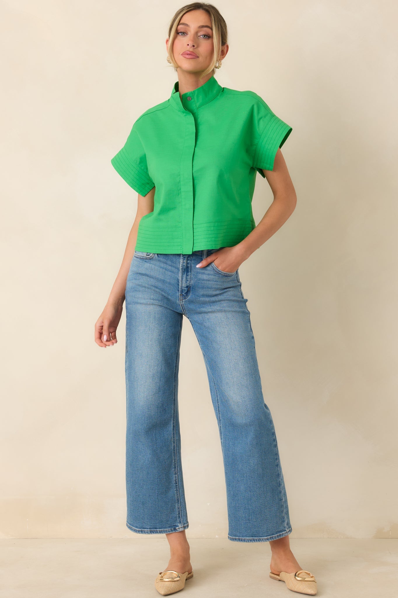 Pretty In Power Green Cotton Linen Button-Front Mock Neck Top