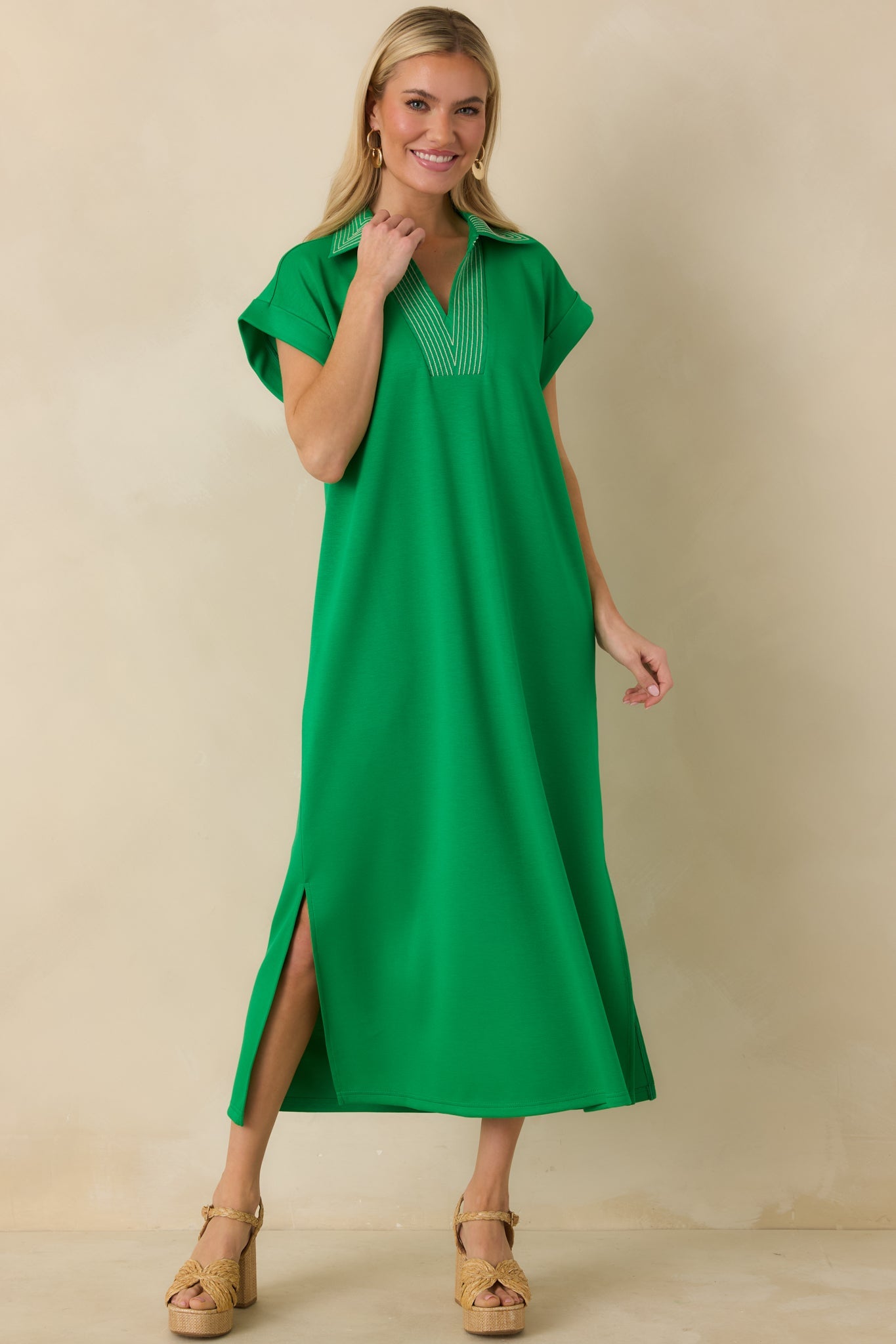 Let It Play Out Green Knit Contrast Detail V-Neck Short Sleeve Midi Dress