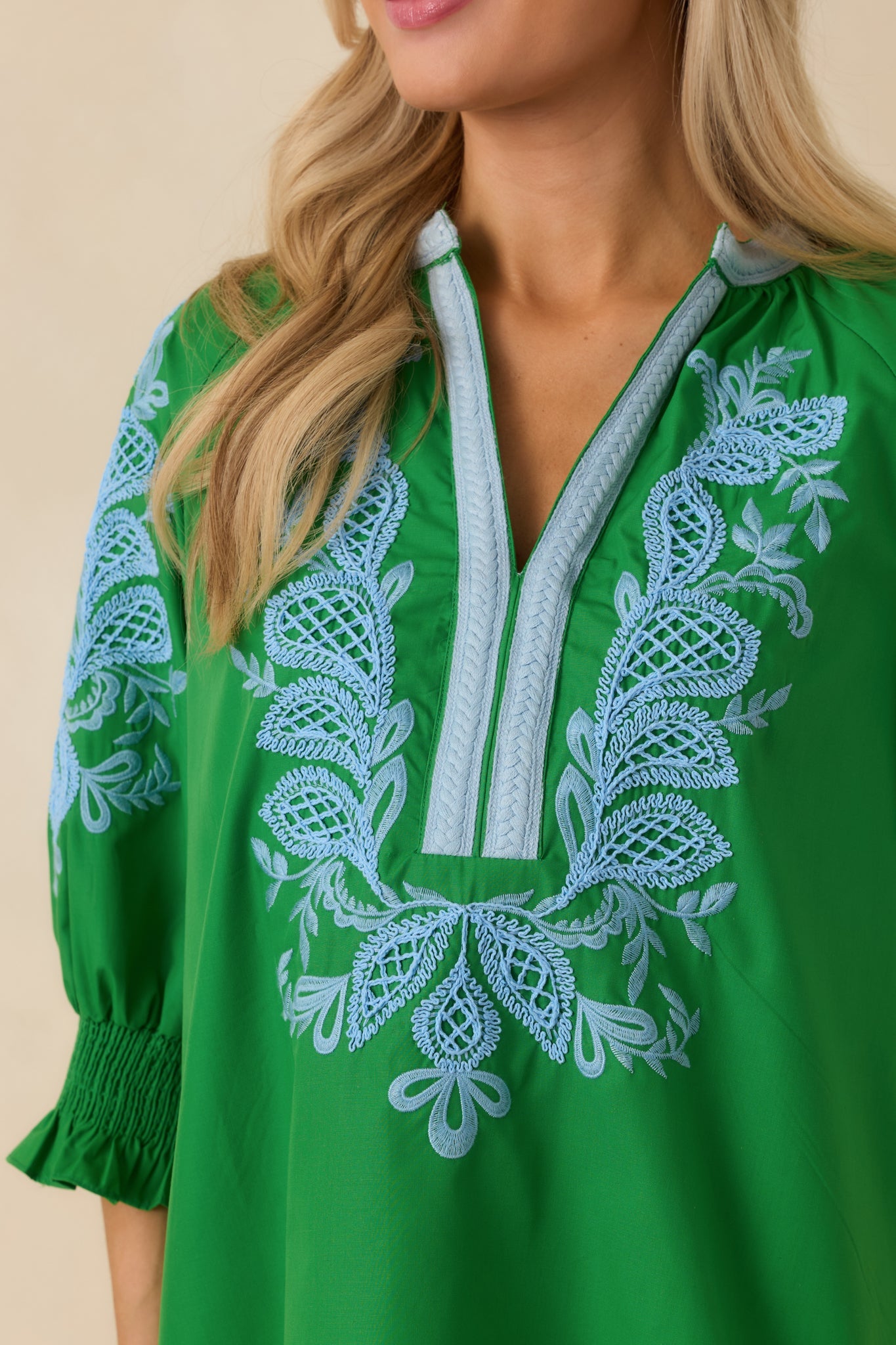 Simple Joys Green Embroidered V-Neck Puff Sleeve Top